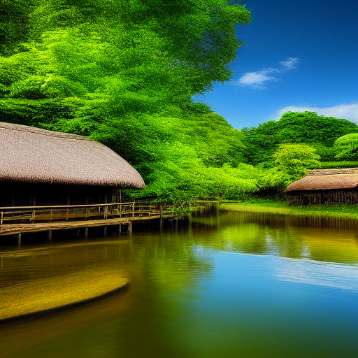 Lucas stands on the banks of a river, surrounded by vibrant green foliage as the village emerges, its thatched roofs peeking through the trees.